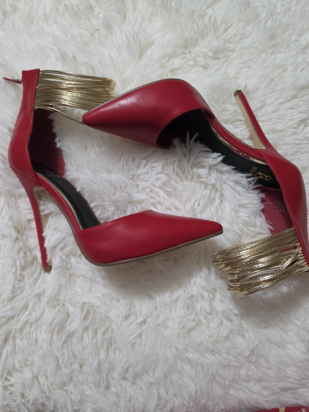 Red Pointed Toe Stiletto Heels with Gold Accent